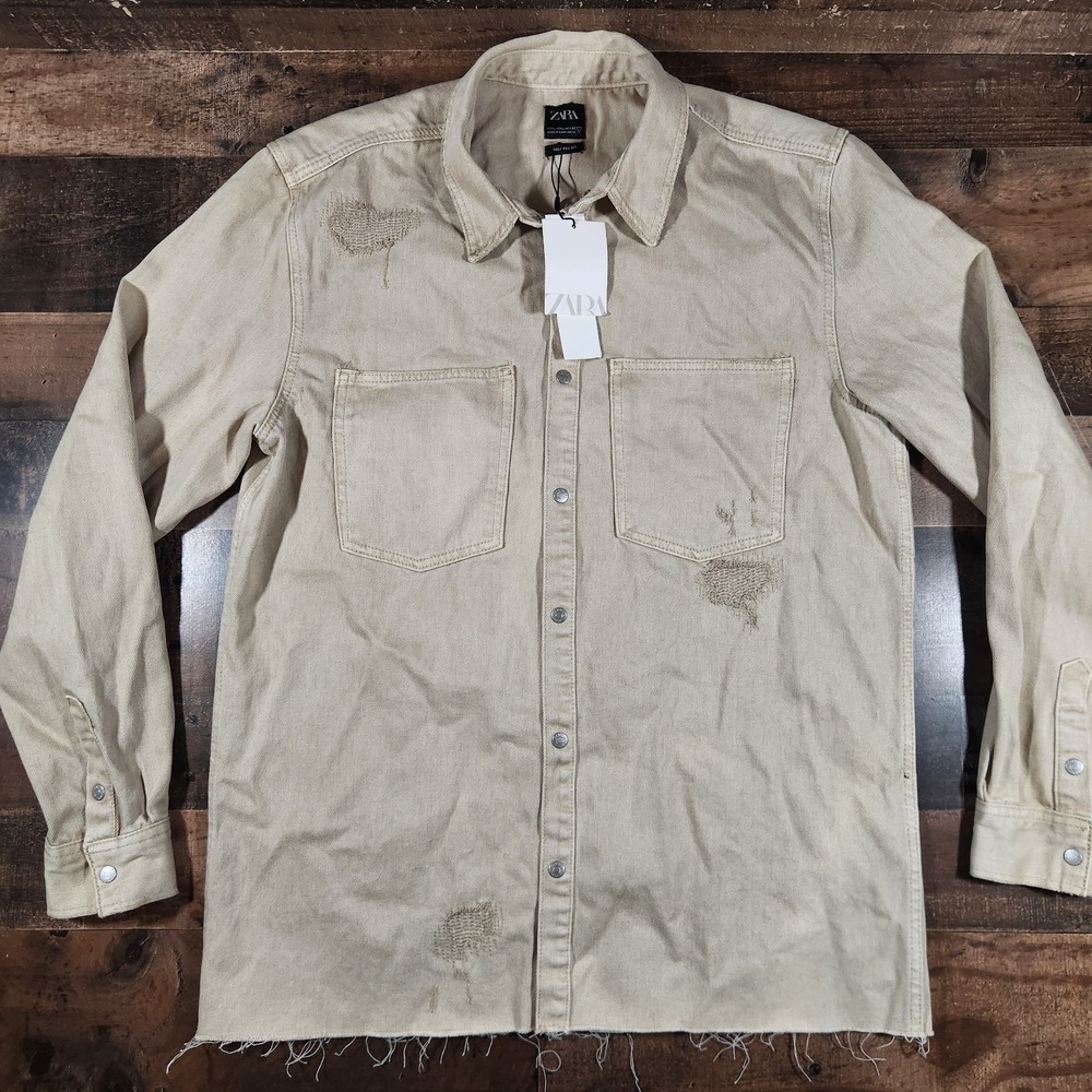 Zara Denim Overshirt Jacket Mens Large Beige Trucker Shacket Distressed Ripped